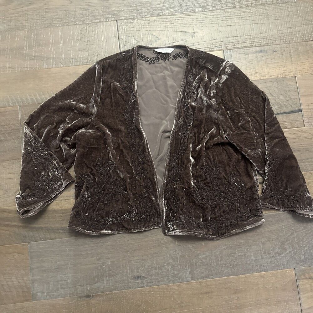 Lucky Brand Velvet Burnout Open Cardigan XS Brown Embroidered Boho  70s Floral